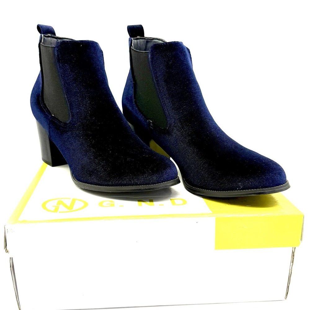 G.N.D. Ankle Boots Women's 8 Blue Faux Suede Block Heel Slip On Chelsea Bootie